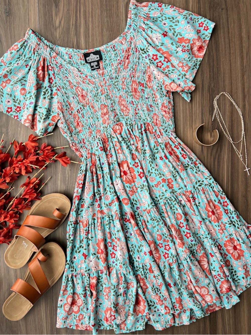 Smocked Floral Midi Dress in Aqua and Coral Angie’s size L